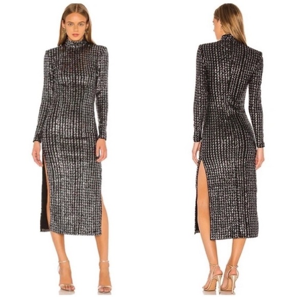 Smythe Sequin Side Slit Midi Dress Silver Sequin Stripe - Picture 1 of 10